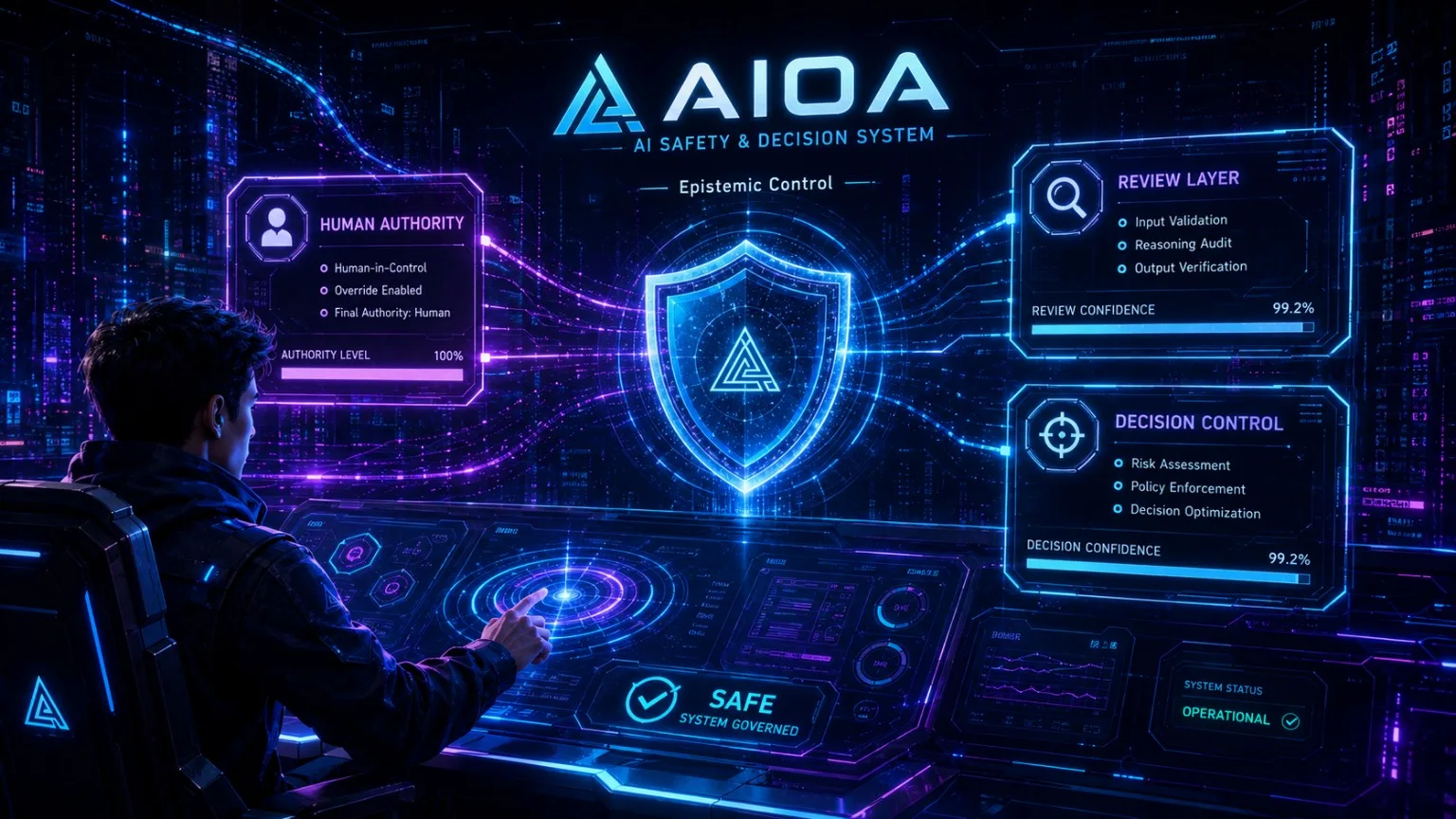 Koncepcyjny interfejs AIOA z human authority, review layer i decision control
